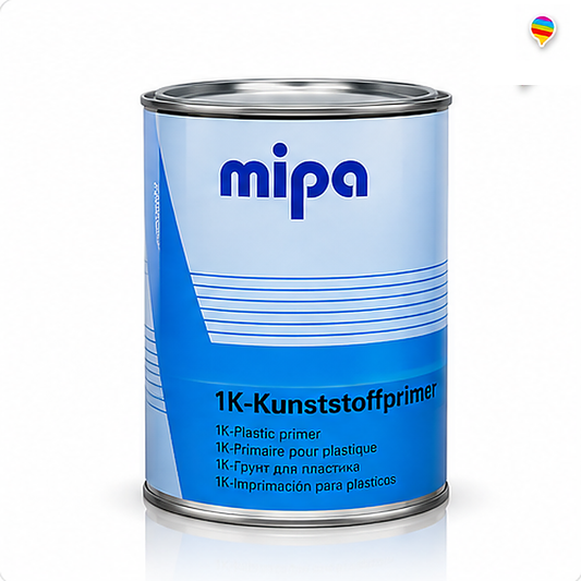 Mipa 1K Kunststoffprimer 1 L – weißer Hintergrund mit Regenbogen-Sprechblasenlogo