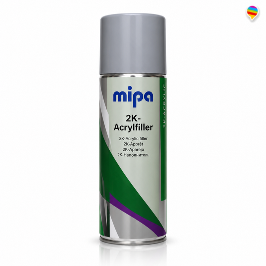 MIPA 2K-Acrylfiller 400 ml – Einzelproduktbild auf Weiß mit einheitlichem Regenbogen-Sprechblasenlogo