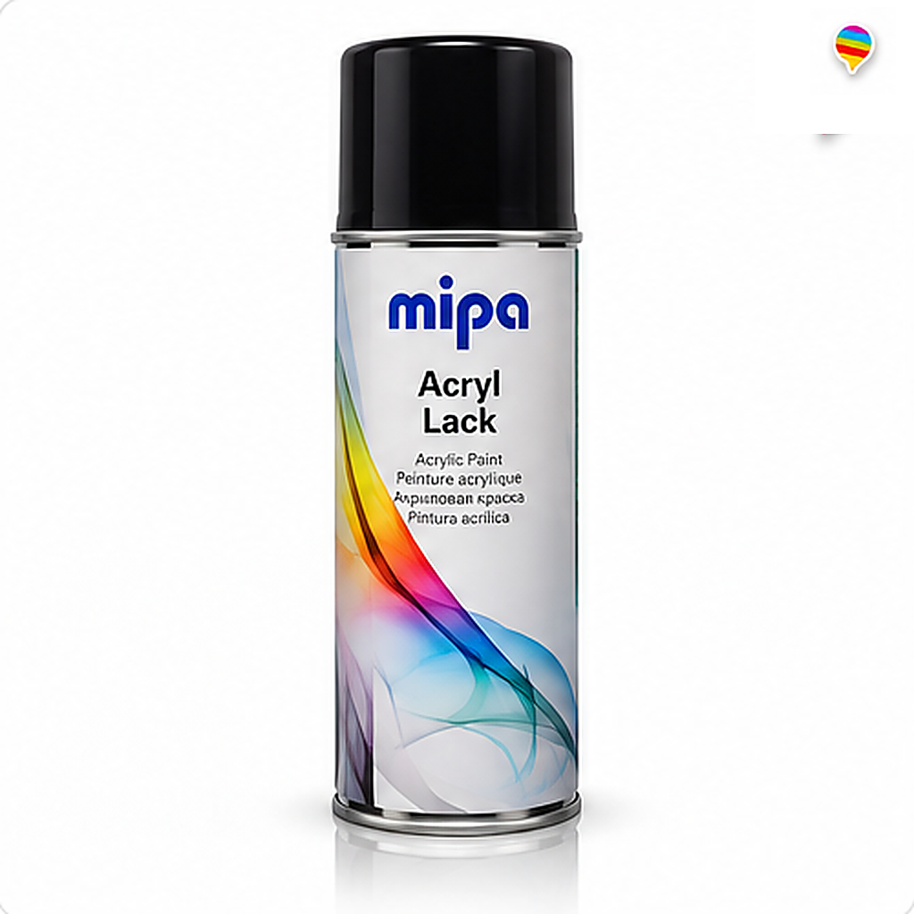 Mipa Acryl Lack Spray – weißer Hintergrund mit Regenbogen-Sprechblasenlogo
