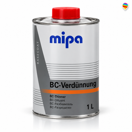 MIPA BC-Verdünnung 1 L – runde Dose auf weißem Hintergrund mit einheitlichem Regenbogen-Sprechblasenlogo