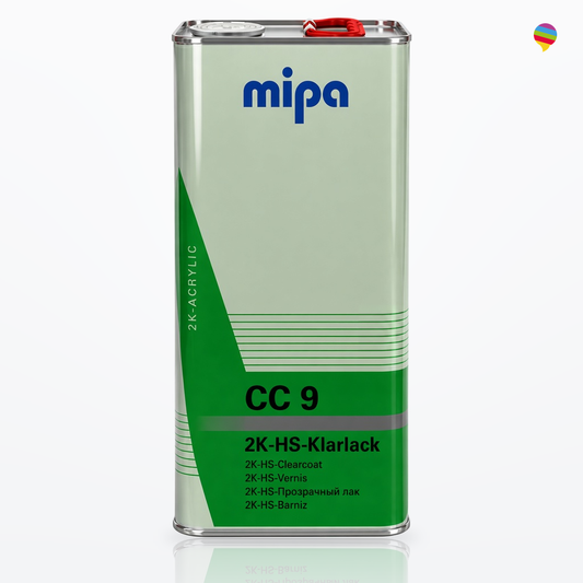 Mipa CC9 2K-HS-Klarlack 5 L – hoher, schmaler Kanister nach Originalproportion, weißer Hintergrund und Regenbogen-Sprechblasenlogo
