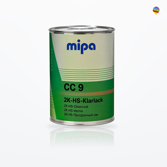 Mipa CC 9 Klarlack 1 L – Produktansicht auf weißem Hintergrund mit Regenbogen-Sprechblasenlogo