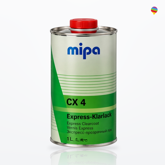 Mipa CX4 Express-Klarlack 1 L – weißer Hintergrund, Regenbogen-Sprechblasenlogo