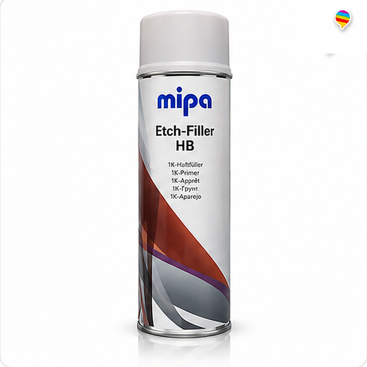Mipa Etch-Filler HB 1K-Haftfüller – weißer Hintergrund mit Regenbogen-Sprechblasenlogo