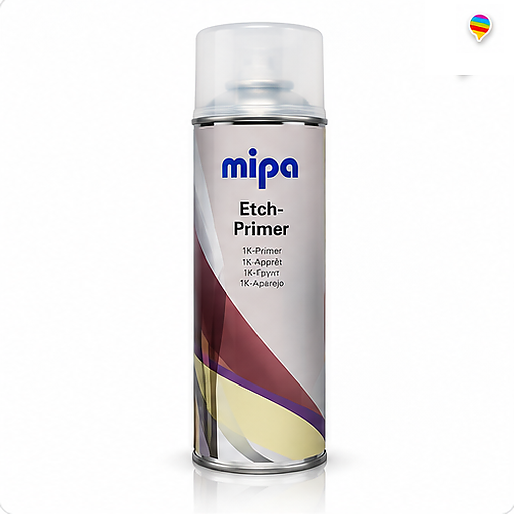 Mipa Etch-Primer Spray – weißer Hintergrund mit Regenbogen-Sprechblasenlogo