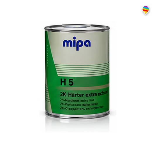 Mipa H5 2K-Härter extra schnell 1 L – Produktansicht auf weißem Hintergrund mit Regenbogen-Sprechblasenlogo