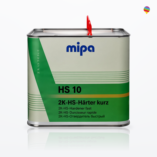 Mipa HS 10 2K-HS-Härter kurz 2,5 L – Produktansicht auf weißem Hintergrund mit Regenbogen-Sprechblasenlogo