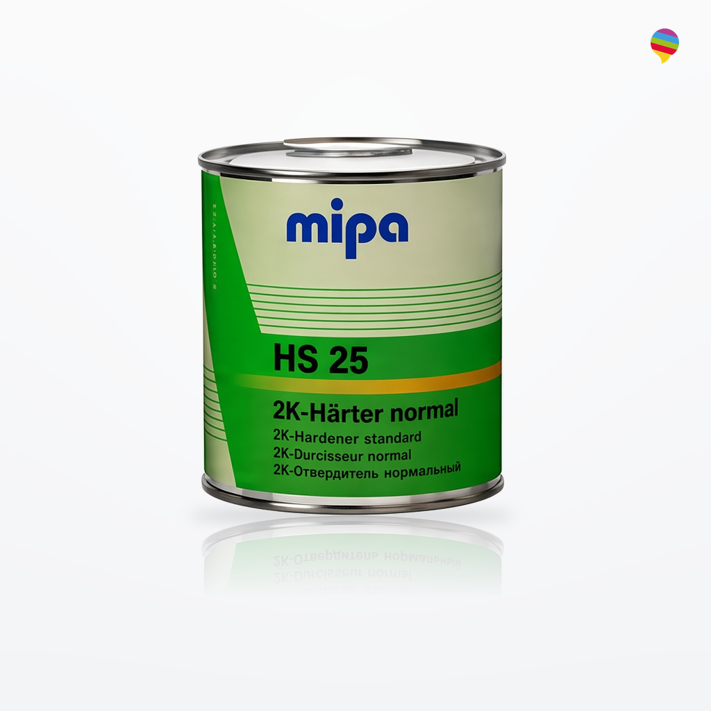 Mipa HS 25 Härter normal 0,5 L – Produktansicht auf weißem Hintergrund mit Regenbogen-Sprechblasenlogo