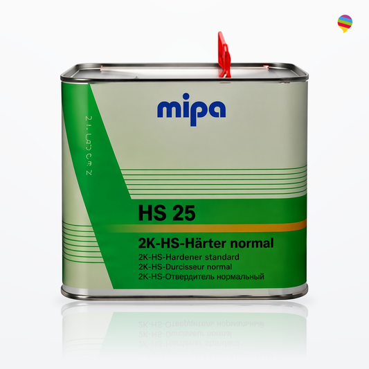 Mipa HS 25 2K-Härter normal 2,5 L – neu zentrierte Produktansicht auf weißem Hintergrund mit Regenbogen-Sprechblasenlogo