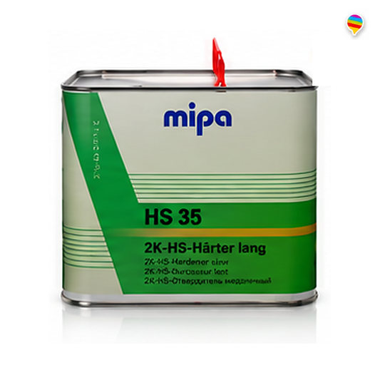 Mipa HS 35 2K-HS-Härter lang 2,5 L – Produktansicht auf weißem Hintergrund mit Regenbogen-Sprechblasenlogo