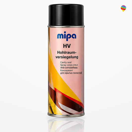 Mipa HV Hohlraumversiegelung 500 ml Spraydose – weißer Hintergrund, Regenbogen-Sprechblasenlogo