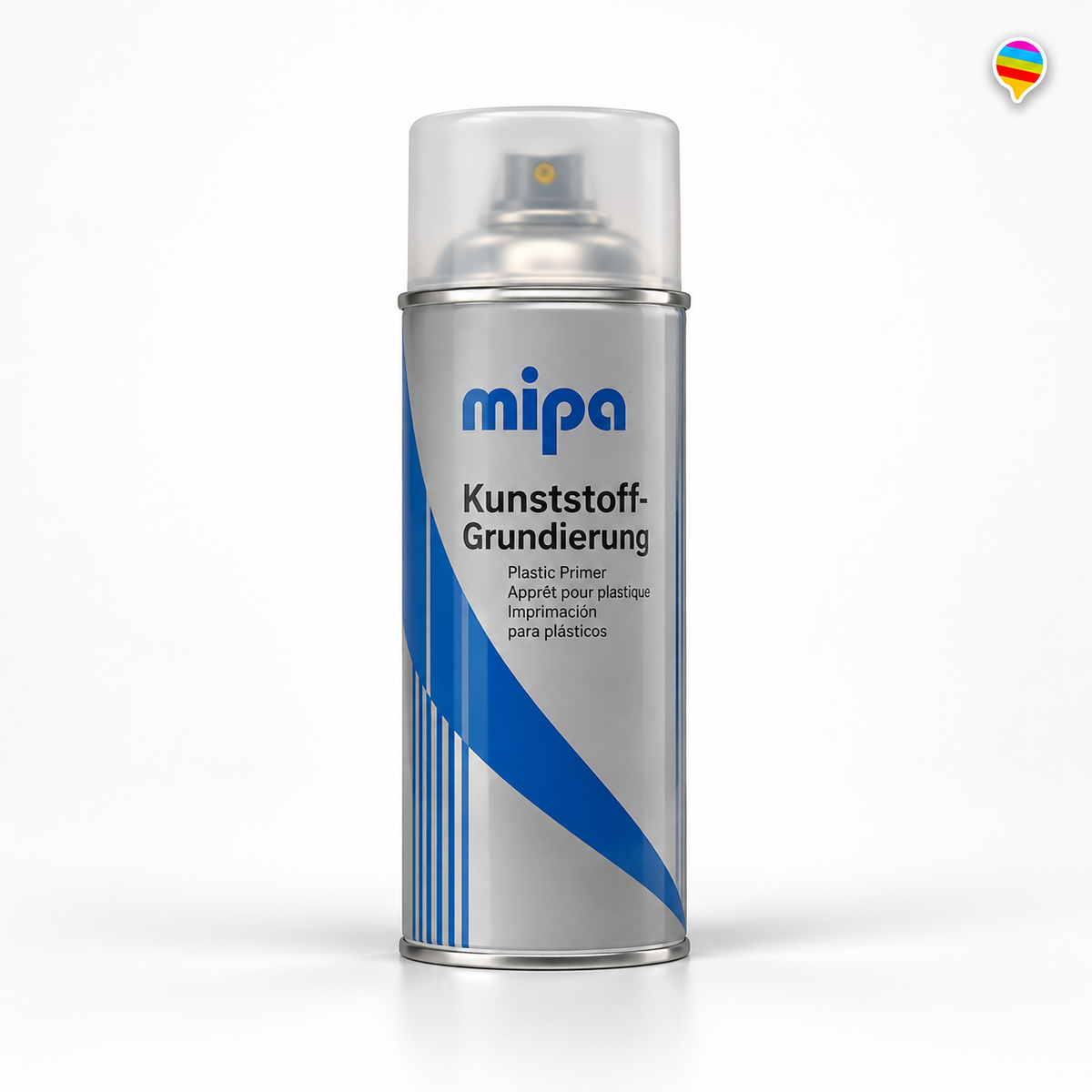 MIPA Kunststoff-Grundierung Spray – KI-generiertes Produktbild auf weißem Hintergrund mit Regenbogenlogo oben rechts