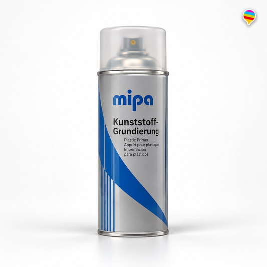MIPA Kunststoff-Grundierung Spray – KI-generiertes Produktbild auf weißem Hintergrund mit Regenbogenlogo oben rechts