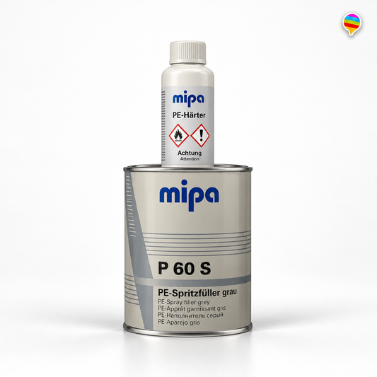MIPA P60 S PE-Spritzfüller Grau – KI-generiertes Produktbild auf weißem Hintergrund mit Regenbogenlogo oben rechts