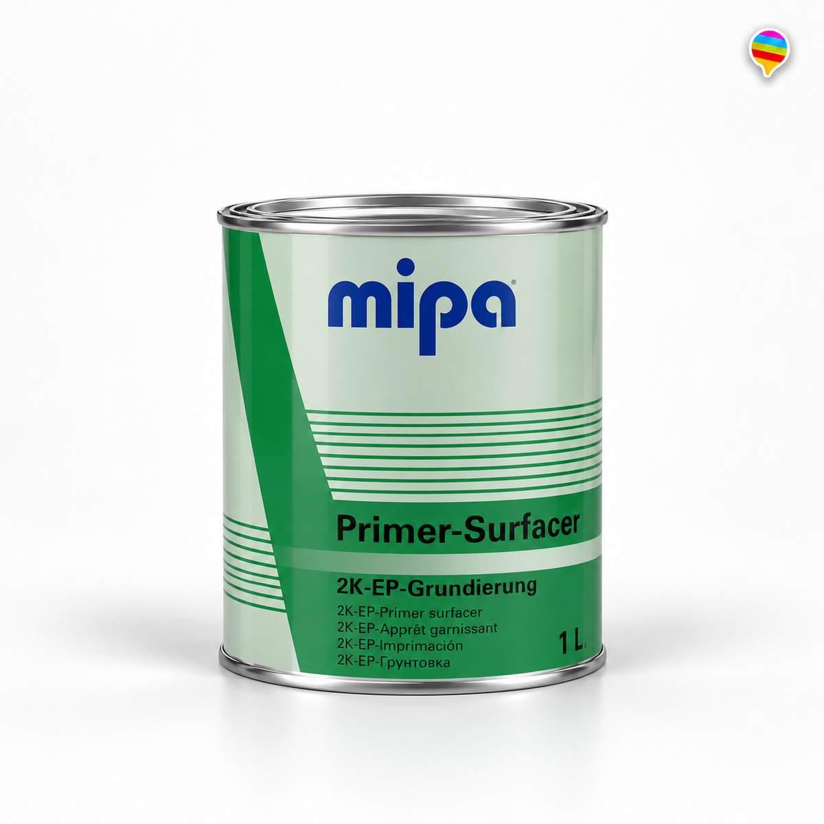 MIPA Primer-Surfacer 2K-EP-Grundierung – KI-generiertes Produktbild auf weißem Hintergrund mit Regenbogenlogo oben rechts