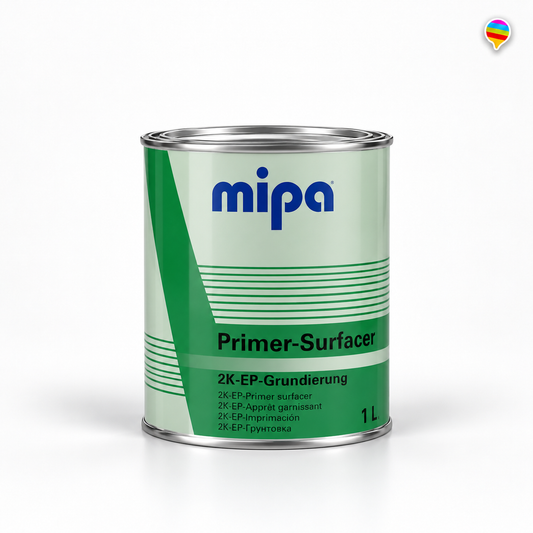 MIPA Primer-Surfacer 2K-EP-Grundierung – KI-generiertes Produktbild auf weißem Hintergrund mit Regenbogenlogo oben rechts