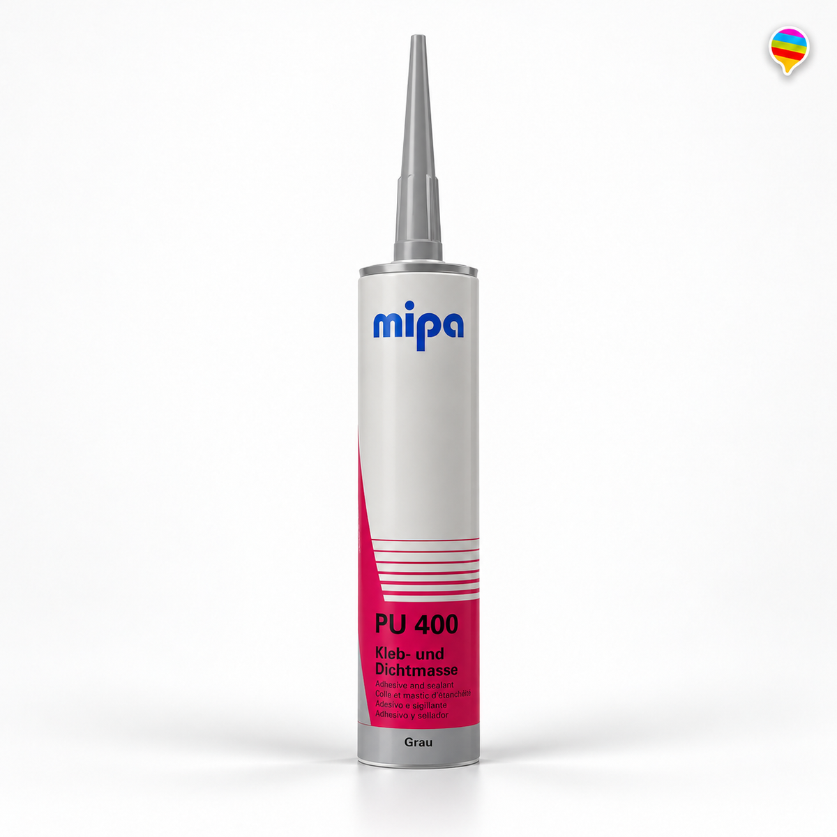 Mipa PU 400 Kleb- und Dichtmasse Grau – KI-generiertes Produktbild auf weißem Hintergrund mit Regenbogenlogo oben rechts