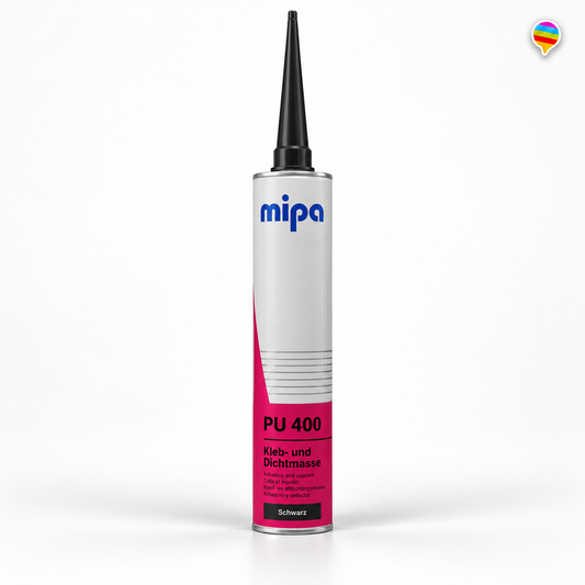 Mipa PU 400 Kleb- und Dichtmasse Schwarz – KI-generiertes Produktbild auf weißem Hintergrund mit Regenbogenlogo oben rechts