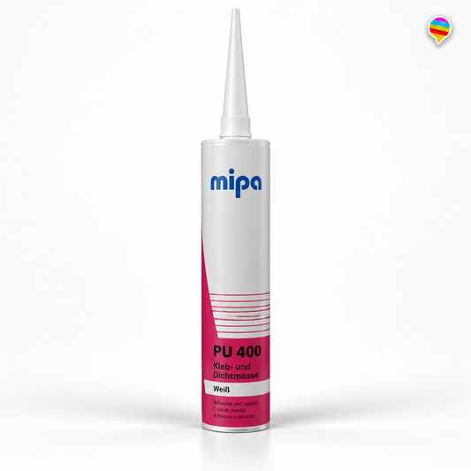 Mipa PU 400 Kleb- und Dichtmasse Weiß – KI-generiertes Produktbild auf weißem Hintergrund mit Regenbogenlogo oben rechts