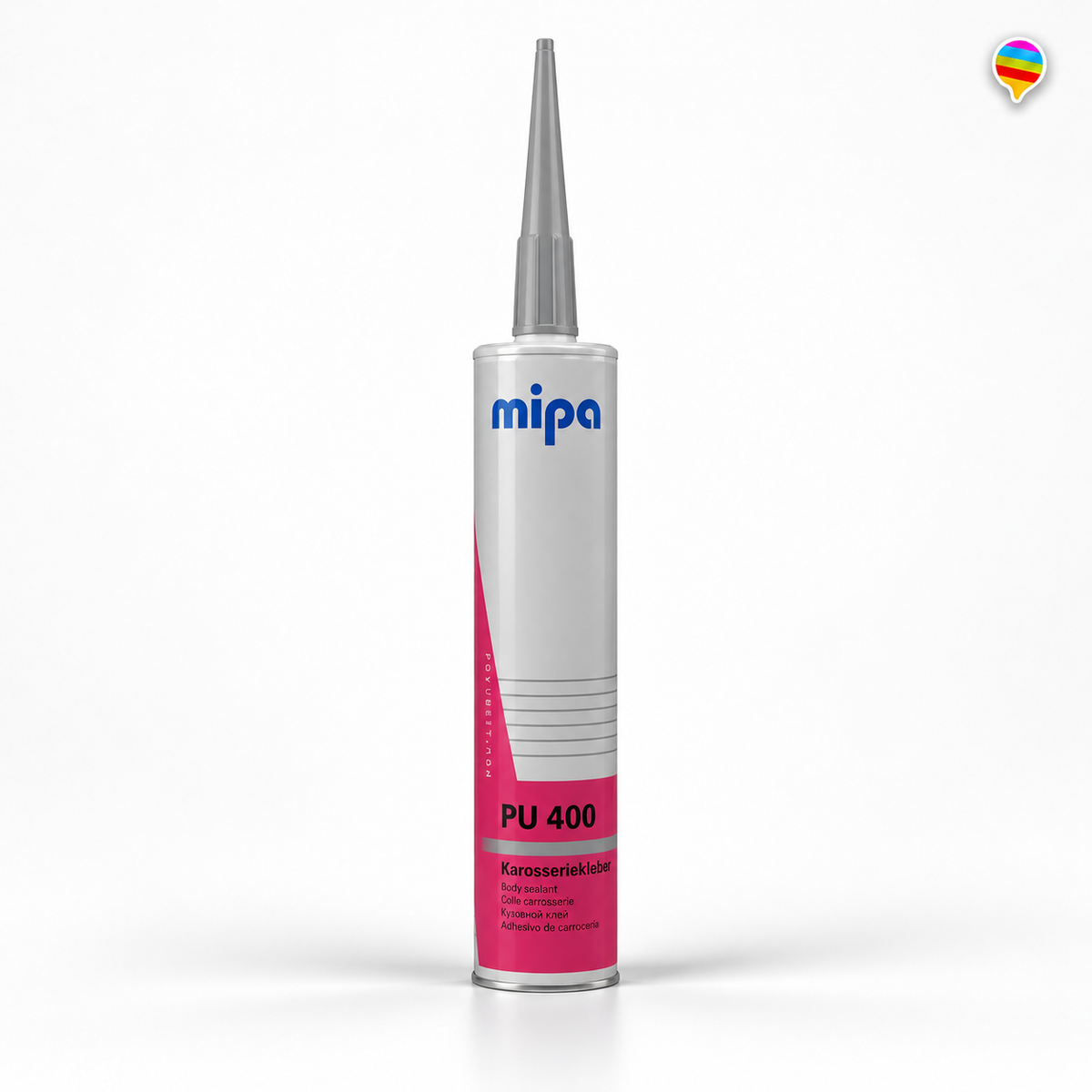 Mipa PU 400 Karosseriekleber grau – KI-generiertes Produktbild auf weißem Hintergrund mit Regenbogenlogo oben rechts