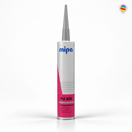 Mipa PU 400 Karosseriekleber grau – KI-generiertes Produktbild auf weißem Hintergrund mit Regenbogenlogo oben rechts