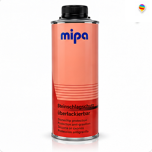 MIPA Steinschlagschutz UBS überlackierbar Schwarz – weißer Hintergrund mit Regenbogen-Sprechblasenlogo