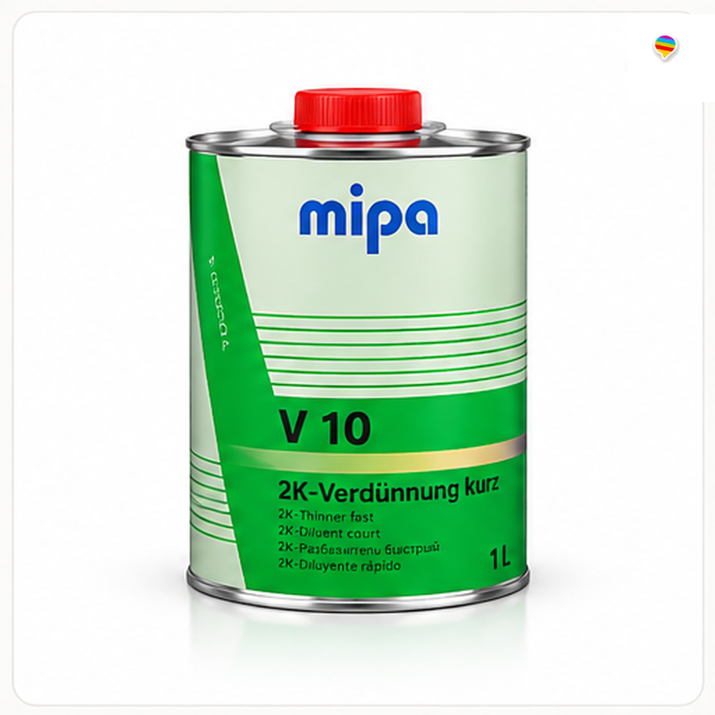 Mipa V10 Verdünnung kurz 1L – KI-generiertes Produktbild auf weißem Hintergrund mit Regenbogenlogo oben rechts