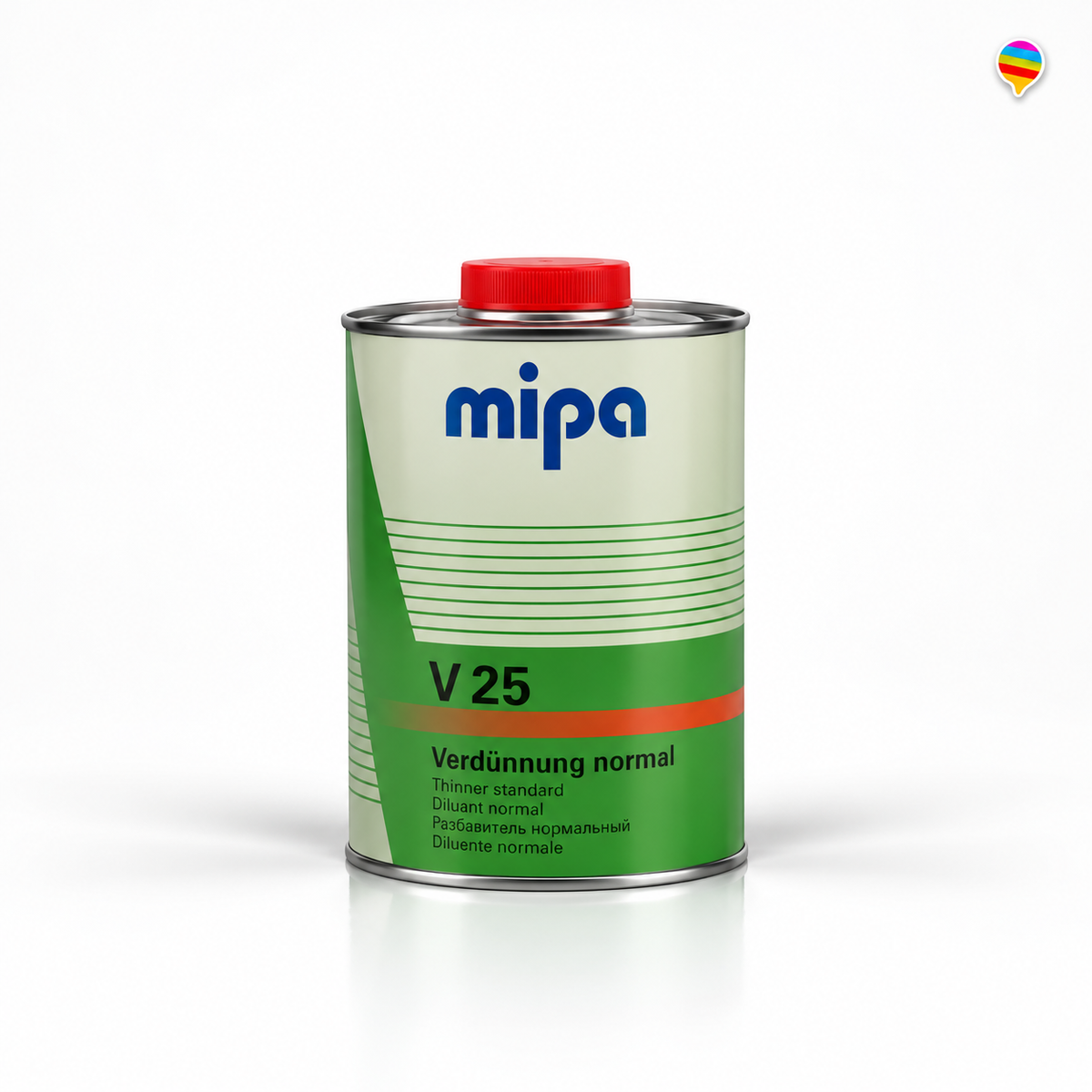 Mipa V25 Verdünnung normal 1L – KI-generiertes Einzelproduktbild, weißer Hintergrund, zentriert, Regenbogenlogo oben rechts