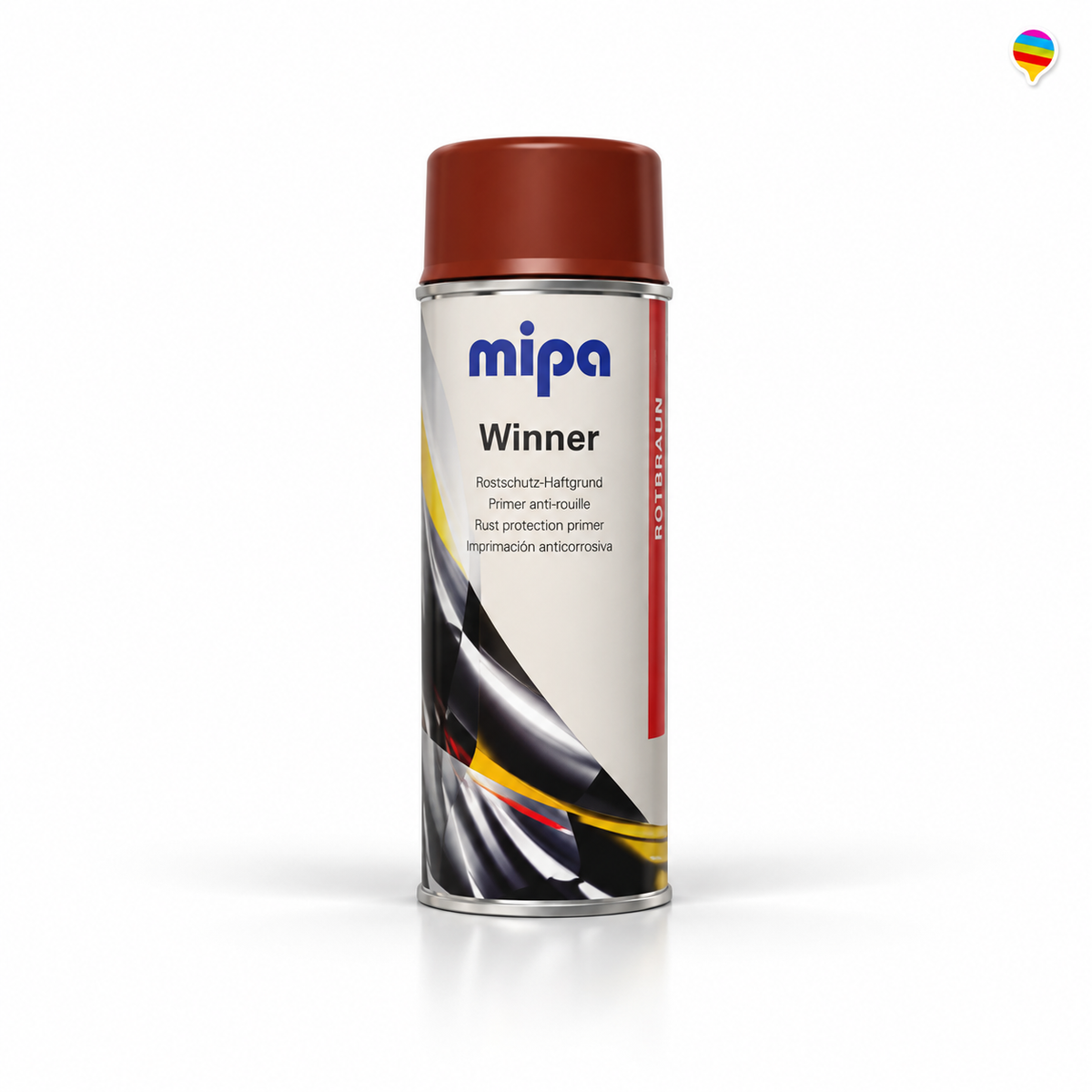 MIPA Winner Rostschutz-Haftgrund Rotbraun – KI-generiertes Einzelproduktbild, weißer Hintergrund, zentriert, Regenbogenlogo oben rechts