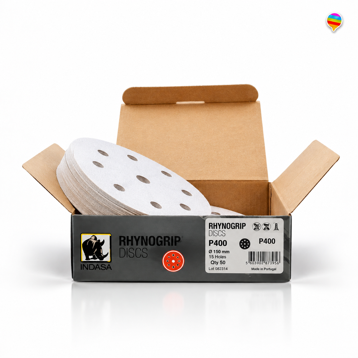 Rhynogrip P400 Schleifscheiben – KI-generiertes Produktbild auf weißem Hintergrund mit kleinem Regenbogenlogo oben rechts