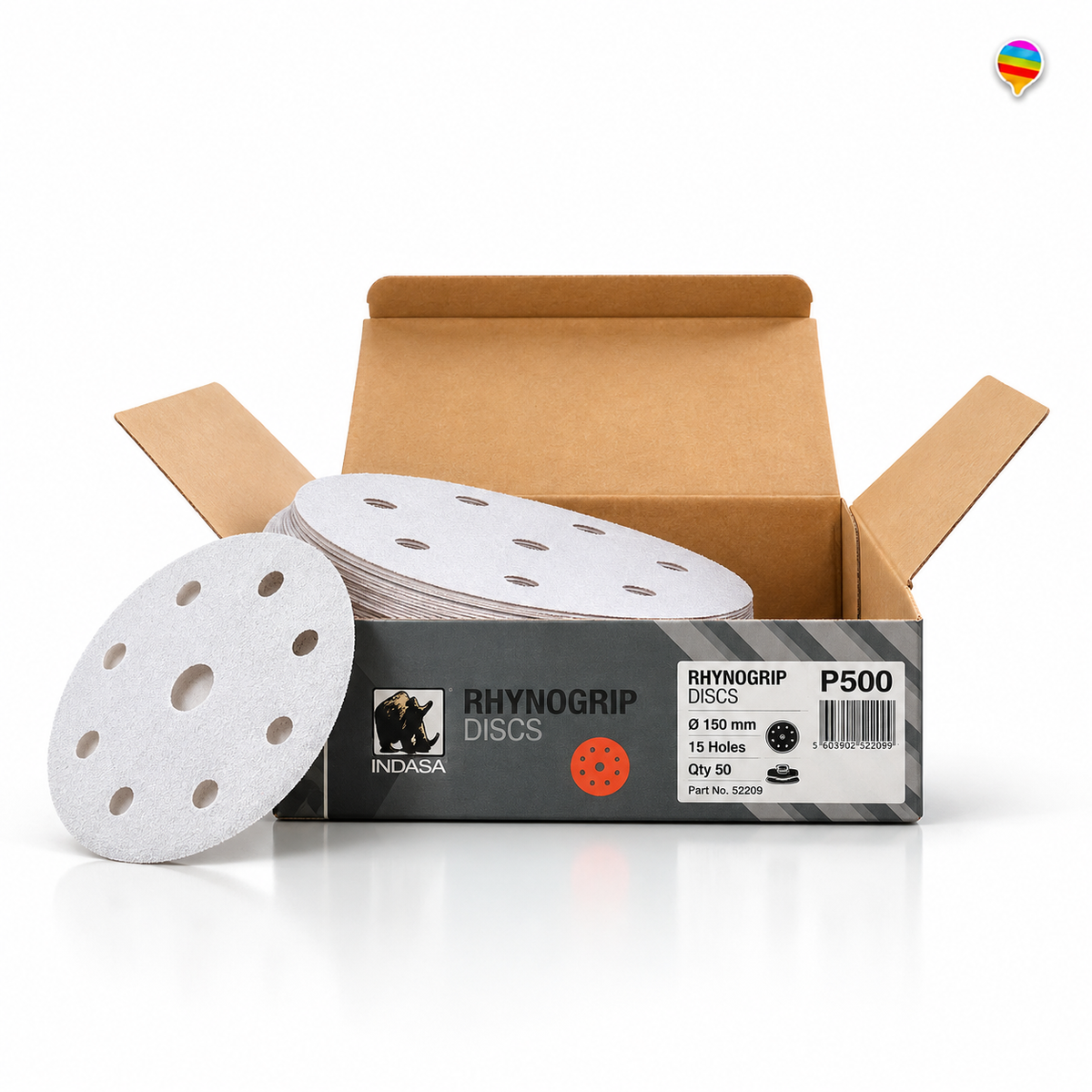 Rhynogrip P500 Schleifscheiben – KI-generiertes Produktbild auf weißem Hintergrund mit kleinem Regenbogenlogo oben rechts
