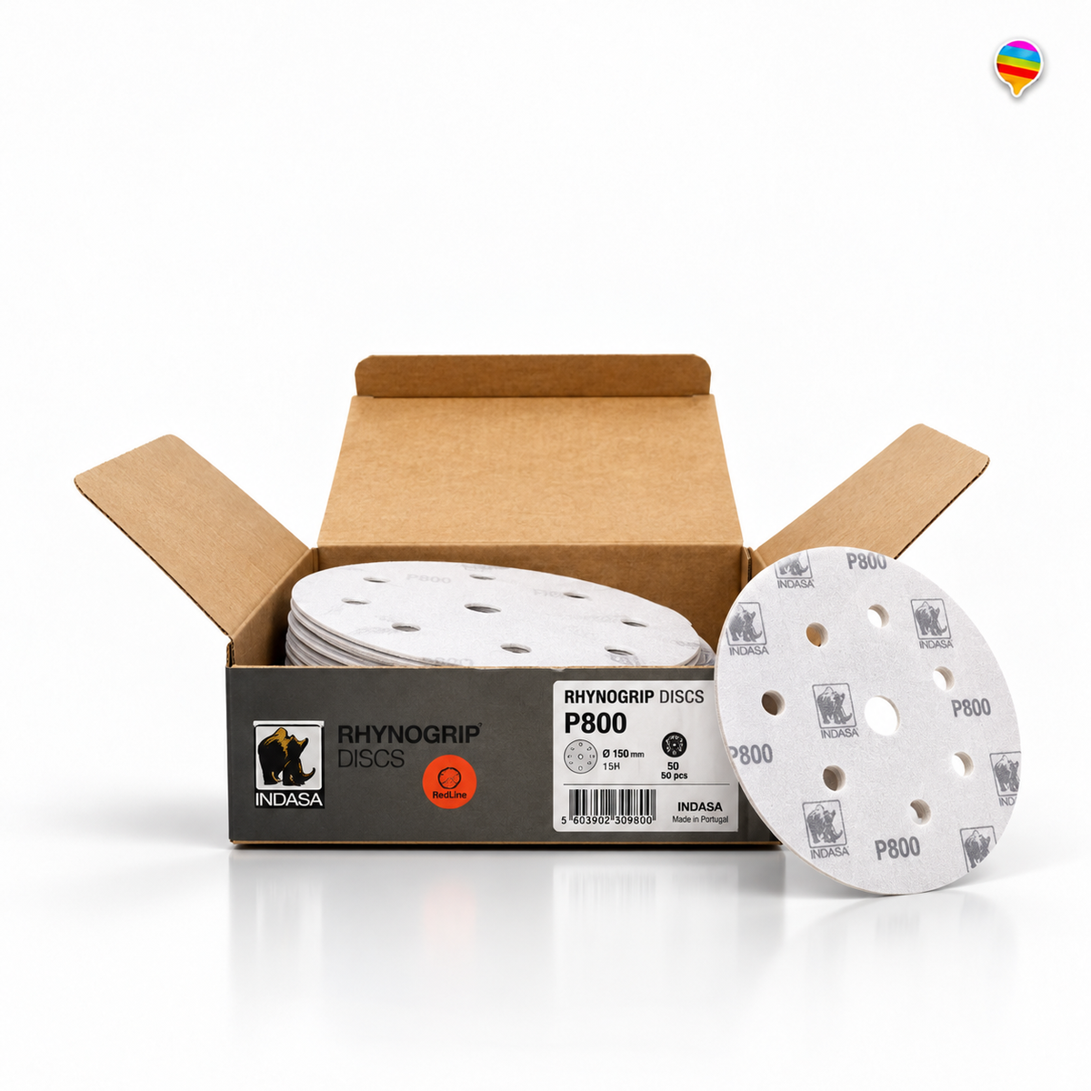 Rhynogrip P800 Schleifscheiben – KI-generiertes Produktbild auf weißem Hintergrund mit kleinem Regenbogenlogo oben rechts