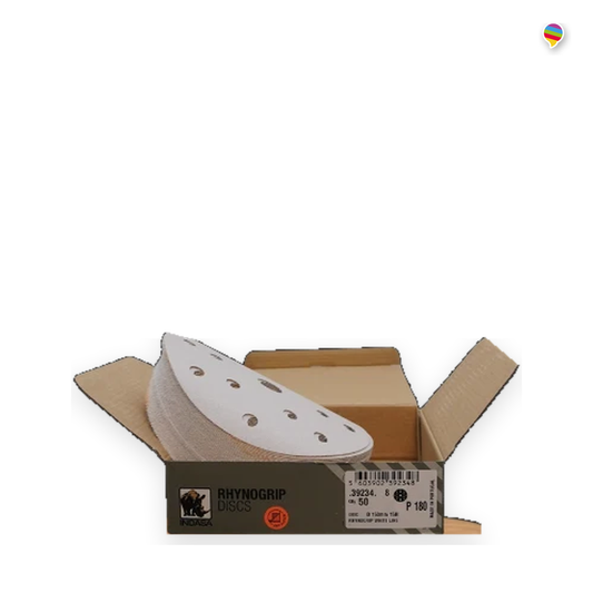 Rhynogrip P180 Schleifscheiben mit Originalverpackung auf weißem Hintergrund und kleinem Regenbogen-Logo oben rechts