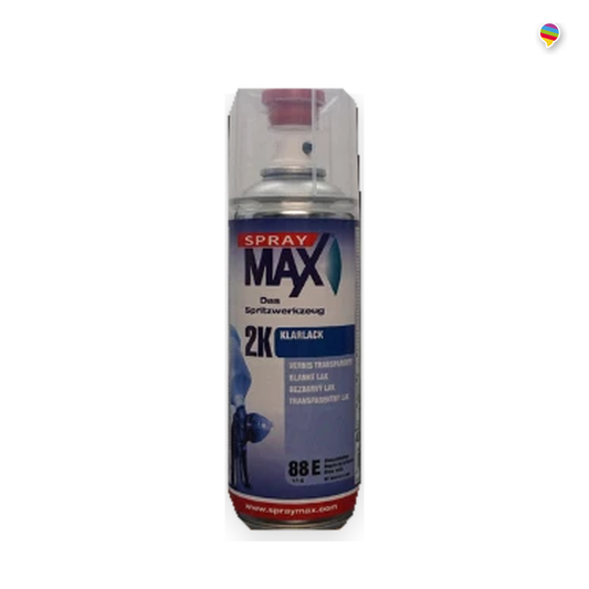 Spray Max 2K Klarlack 400 ml auf weißem Hintergrund mit kleinem Regenbogen-Logo oben rechts