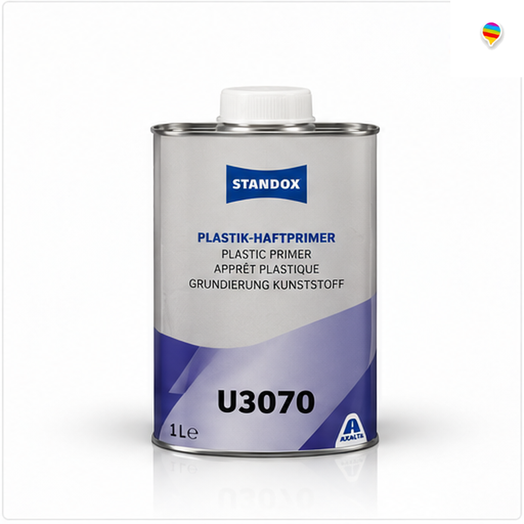 Standox Plastik-Haftprimer U3070 – KI-generiertes Einzelproduktbild auf weißem Hintergrund mit weichem Schatten und Regenbogenlogo oben rechts
