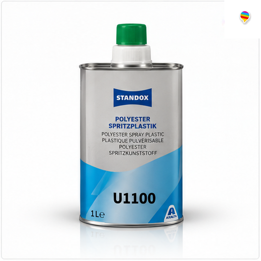 Standox U1100 Polyester Spritzplastik 1L – KI-generiertes Einzelproduktbild auf weißem Hintergrund mit weichem Schatten und Regenbogenlogo oben rechts