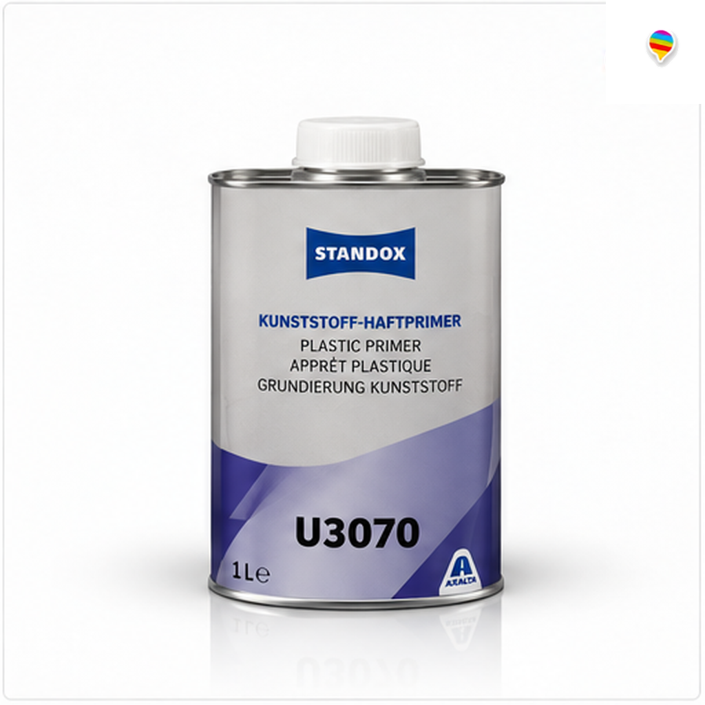 Standox U3070 Standoflex Kunststoff-Haftprimer 1L – KI-generiertes Einzelproduktbild auf weißem Hintergrund mit weichem Schatten und Regenbogenlogo oben rechts