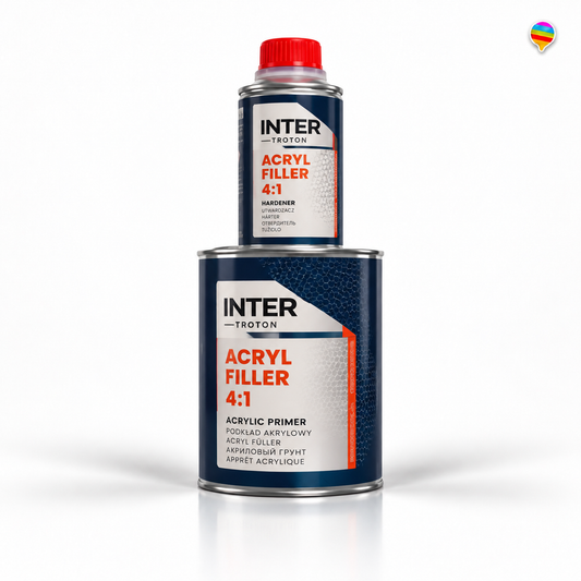 Troton Acryl Filler 4:1 Weiß – KI-generiertes Produktbild auf weißem Hintergrund mit kleinem Regenbogenlogo oben rechts