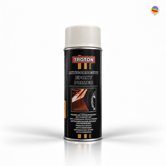 Troton Anticorrosive Epoxy Primer – KI-generiertes Produktbild auf weißem Hintergrund mit kleinem Regenbogenlogo oben rechts
