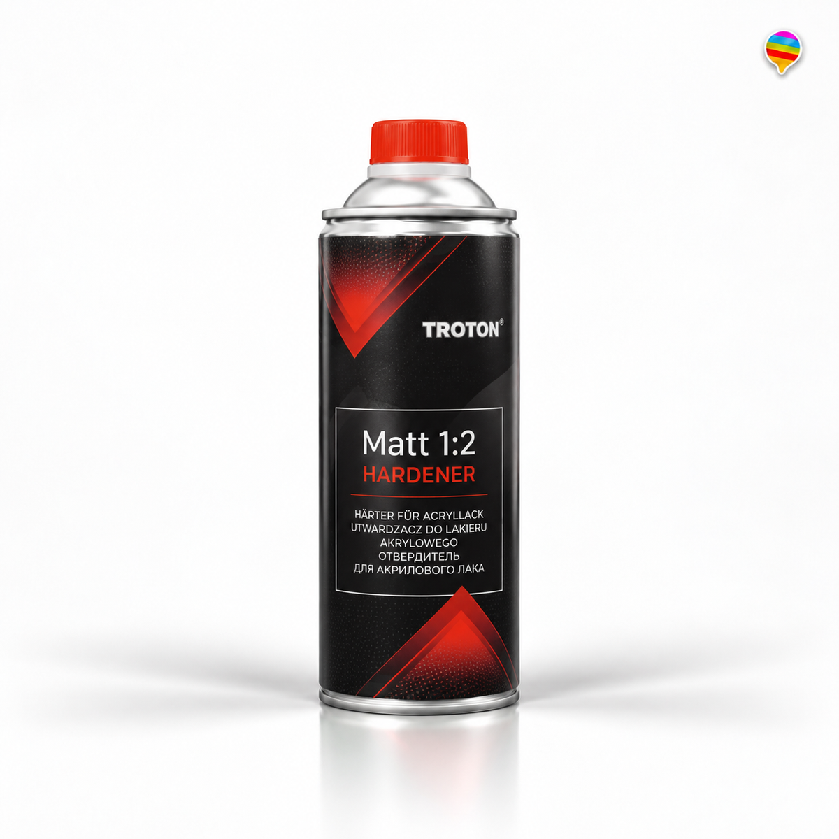 Troton Matt 1:2 Härter – KI-generiertes Produktbild auf weißem Hintergrund mit kleinem Regenbogenlogo oben rechts