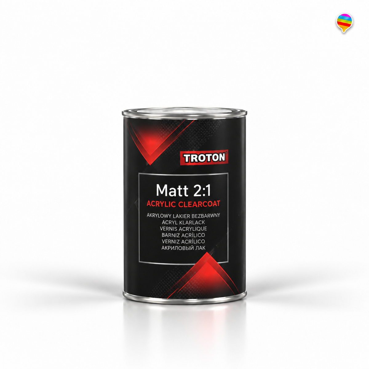 Troton Matt 2:1 Acryl-Klarlack – KI-generiertes Produktbild auf weißem Hintergrund mit kleinem Regenbogenlogo oben rechts