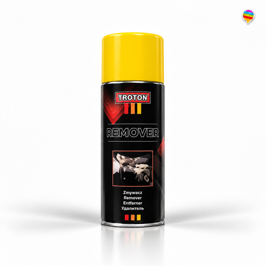 TROTON Remover Spray – KI-generiertes Produktbild auf weißem Hintergrund mit kleinem Regenbogenlogo oben rechts