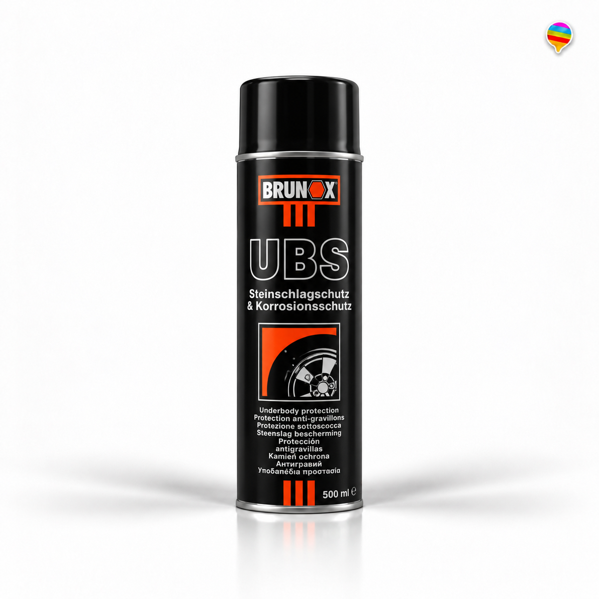 Steinschlagschutz & Korrosionsschutz Unterbodenschutz Schwarz 500ml – KI-generiertes Produktbild auf weißem Hintergrund mit kleinem Regenbogenlogo oben rechts