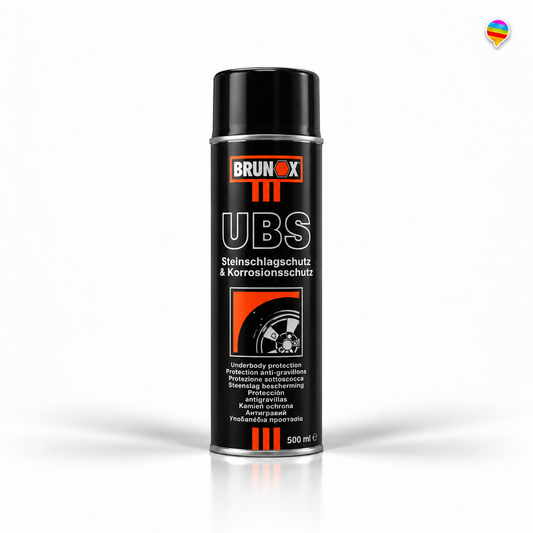 Steinschlagschutz & Korrosionsschutz Unterbodenschutz Schwarz 500ml – KI-generiertes Produktbild auf weißem Hintergrund mit kleinem Regenbogenlogo oben rechts